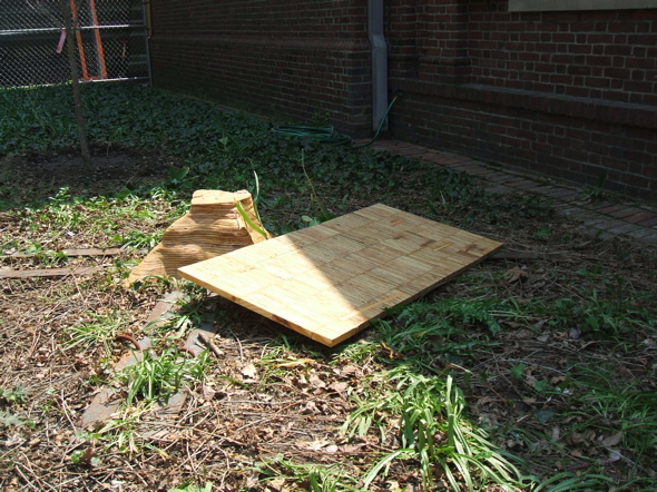 the plywood stump next to the sheet of plywood that was once its trunk